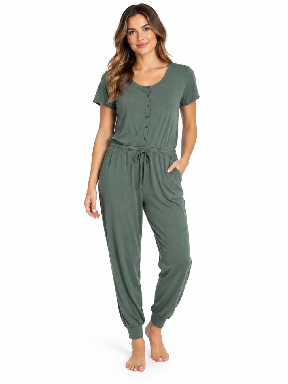 AnyBody Women’s Cozy Knit Button Front Lounge Jumpsuit Romper S Green